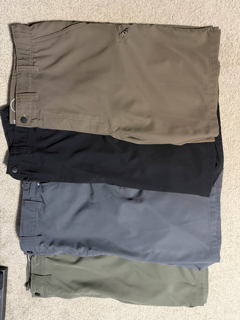 4 pair Men's Performance Shorts in Black, Olive, Gray and brown